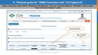Copyright © 2016 Income Tax Department 51
9 . Pictorial guide for “26QB Correction with “A.O Approval”.
Step 4: Correction status will be “Pending for AO Approval”. User can check AO details in “AO Detail” column under “
Track Correction Request” option.
Correction status will be
Pending for AO Approval
User can check AO
details in “AO Detail”
column
Ward 68 (1)
 