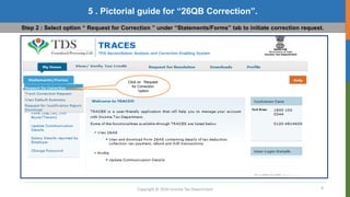 9
5 . Pictorial guide for “26QB Correction”.
Copyright © 2016 Income Tax Department
Step 2 : Select option “ Request for Correction ” under “Statements/Forms” tab to initiate correction request.
Click on “Request
for Correction
“option
 