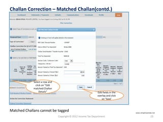 Copyright © 2012 Income Tax Department 23
Challan Correction – Matched Challan(contd.)
Edit fields in the
overlay and click
on ‘Save’
Select a row and
click on ”Edit
matched Challan
Details”
Matched Challans cannot be tagged www.simpletaxindia.net
 
