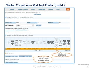 Copyright © 2012 Income Tax Department 24
Challan Correction – Matched Challan(contd.)
Edited row is
highlighted
”
Select a row and
click on ”Reset
matched Challan
Details”
www.simpletaxindia.net
 
