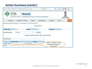 Copyright © 2012 Income Tax Department 35
Action Summary (contd.)
View the list of
unmatched challans
”
Click on ‘Confirm’ and
Correction Ready for
Submission
”
www.simpletaxindia.net
 