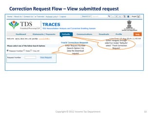 Correction Request Flow –Viewsubmitted request 
Enter Request Number (Search Option 1 to view the download request 
Either navigate through slide 9 or Under ‘Defaults’ select ‘ Track Correction Request’ 
10 
Copyright © 2012 Income Tax Department  