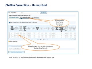 Challan Correction –Unmatched Select here to view ‘list of Unmatched challan’ 
Row select and click on ‘Edit Unmatched Challan Detail’ to edit 
Prior to 201x3-14, only unmatched challans will be editable and not BIN  