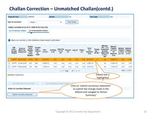 Copyright © 2012 Income Tax Department 
32 
Challan Correction –Unmatched Challan(contd.) Click on ‘submit correction statement’ to submit the change made in the default and navigate to ‘Action Summary’ 
Edited row is highlighted 
”  