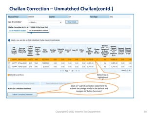 Copyright © 2012 Income Tax Department 30
Challan Correction – Unmatched Challan(contd.)
Click on ‘submit correction statement’ to
submit the change made in the default and
navigate to ‘Action Summary’
Edited row is
highlighted
”
 