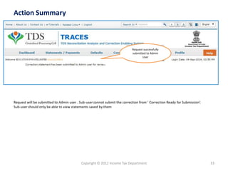 Copyright © 2012 Income Tax Department 33
Action Summary
Request will be submitted to Admin user . Sub-user cannot submit the correction from ‘ Correction Ready for Submission’.
Sub-user should only be able to view statements saved by them
Request successfully
submitted to Admin
User
 