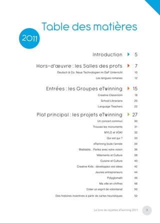 Table des matières
2011
                                              Introduction                     5

   Hors-d’œuvre : les Salles des profs                                         7
                Deutsch & Co. Neue Technologien im DaF Unterricht              10

                                                Les langues romanes            12



           Entrées : les Groupes eTwinning                                   15
                                                  Creative Classroom           18

                                                    School Librarians          20

                                                  Language Teachers            22


       Plat principal : les projets eTwinning                                27
                                                  Un concert commun            30

                                              Trouvez les monuments            31

                                                       MYLO et VOKI            32

                                                         Qui est qui ?         33

                                              eTwinning toute l’année          34

                                  Blablabla…Parlez avec votre voisin           36

                                                 Vêtements et Culture          38

                                                    Cuisine et Culture         40

                                Creative Kids : développez vos idées           42

                                                Jeunes entrepreneurs           44

                                                          Polyglomath          46

                                                   Ma ville en chiffres        48

                                        Créer un esprit de volontariat         50

               Des histoires inventives à partir de cartes heuristiques        52




                                               Le livre de recettes eTwinning 2011   3
 
