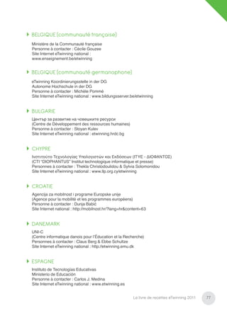 BELGIQUE (communauté française)
Ministère de la Communauté française
Personne à contacter : Cécile Gouzee
Site Internet eTwinning national :
www.enseignement.be/etwinning


BELGIQUE (communauté germanophone)
eTwinning Koordinierungsstelle in der DG
Autonome Hochschule in der DG
Personne à contacter : Michèle Pommé
Site Internet eTwinning national : www.bildungsserver.be/etwinning


BULGARIE
Център за развитие на човешките ресурси
(Centre de Développement des ressources humaines)
Personne à contacter : Stoyan Kulev
Site Internet eTwinning national : etwinning.hrdc.bg


CHYPRE
Ινστιτούτο Τεχνολογίας Υπολογιστών και Εκδόσεων (ΙΤΥE - ΔΙΟΦΑΝΤΟΣ)
(CTI “DIOPHANTUS” Institut technologique informatique et presse)
Personnes à contacter : Thekla Christodoulidou & Sylvia Solomonidou
Site Internet eTwinning national : www.llp.org.cy/etwinning


CROATIE
Agencija za mobilnost i programe Europske unije
(Agence pour la mobilité et les programmes européens)
Personne à contacter : Dunja Babić
Site Internet national : http://mobilnost.hr/?lang=hr&content=63


DANEMARK
UNI-C
(Centre informatique danois pour l’Éducation et la Recherche)
Personnes à contacter : Claus Berg & Ebbe Schultze
Site Internet eTwinning national : http://etwinning.emu.dk


ESPAGNE
Instituto de Tecnologías Educativas
Ministerio de Educación
Personne à contacter : Carlos J. Medina
Site Internet eTwinning national : www.etwinning.es


                                                        Le livre de recettes eTwinning 2011   77
 