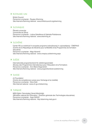 ROYAUME-UNI
British Council
Personne à contacter : Équipe eTwinning
Site Internet eTwinning national : www.britishcouncil.org/etwinning


SLOVAQUIE
Žilinská univerzita
(Université de Zilina)
Personne à contacter : Lubica Sokolikova & Gabriela Podolanova
Site Internet eTwinning national : www.etwinning.sk


SLOVÉNIE
Center RS za mobilnost in evropske programe izobraževanja in usposabljanja - CMEPIUS
(Centre de la République de Slovénie pour la Mobilité et les Programmes de formation
éducative)
Personne à contacter : Maja Abramič
Site Internet eTwinning national : www.cmepius.si/etwinning.aspx


SUÈDE
Internationella programkontoret för utbildningsområdet
(Bureau des Programmes internationaux pour l’Éducation et la Formation)
Personne à contacter : Ann-Marie Degerström
Site Internet eTwinning national : www.programkontoret.se/etwinning


SUISSE
ch Foundation
(Centre de compétences suisse pour l’échange et la mobilité)
Personne à contacter : Nina Hobi
Site Internet national : www.ch-go.ch/etwinning


TURQUIE
MEB Eğitim Teknolojileri Genel Müdürlüğü
(Ministère national de l’Éducation : Direction générale des Technologies éducatives)
Personne à contacter : Ayşe SARAY
Site Internet eTwinning national : http://etwinning.meb.gov.tr




                                                        Le livre de recettes eTwinning 2011   81
 