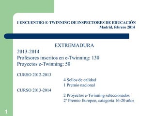 1
I ENCUENTRO E-TWINNING DE INSPECTORES DE EDUCACIÓN
Madrid, febrero 2014
EXTREMADURA
2013-2014
Profesores inscritos en e-Twinning: 130
Proyectos e-Twinning: 50
CURSO 2012-2013
4 Sellos de calidad
1 Premio nacional
CURSO 2013-2014
2 Proyectos e-Twinning seleccionados
2º Premio Europeo, categoría 16-20 años
 