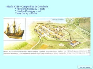 Século XVII = Companhias de Comércio * Plymouth Company = norte * London Company = sul *   base das 13 colônias Prof. Caco Cardozo 