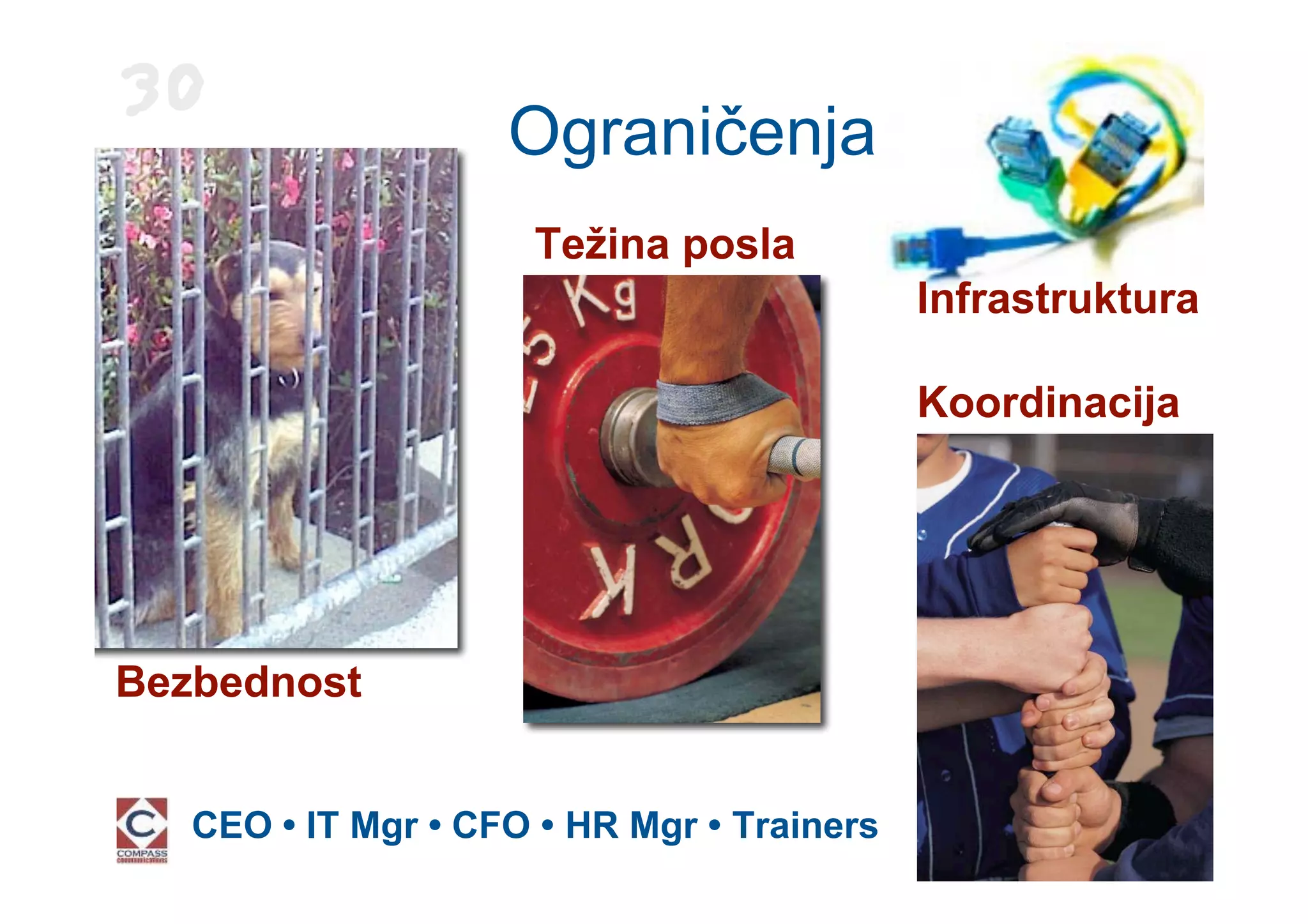 30
                    Ograničenja
                     Težina posla
                                            Infrastruktura

                                            Koordinacija




Bezbednost


   CEO • IT Mgr • CFO • HR Mgr • Trainers
 