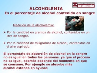 ALCOHOLEMIA Es el porcentaje de alcohol contenido en sangre Medición de la alcoholemia:    Por la cantidad en gramos de alcohol, contenidos en un  litro de sangre.    Por la cantidad de miligramos de alcohol, contenidos en  el aire espirado. El porcentaje de absorción de alcohol en la sangre  no es igual en todas las personas, ya que el proceso  no es igual, además depende del momento en que  se consume. Por ejemplo se absorbe más  alcohol estando en ayunas 