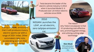 The reason
why Tesla is so popular is that
it’s producing cost-effective
cars, promoting green energy,
and utilizing cutting-edge
technology.
2010
NISSAN Launches the
LEAF, an all electric,
zero tailpipe emission
car.
Tesla Motors, a Silicon valley
startup in 2006, announces
that it will produce a luxury
electric sports car with a
range of 200+ miles. Other
automakers take note,
accelerating work on their
own electric vehicles.
Tesla became the leader of the
electric vehicle industry in 2013
when it launched Model S. It
Produced over 1.9 million electric
vehicles since 2009.
Elon Musk
CEO and product
architect of Tesla,
Inc.
 