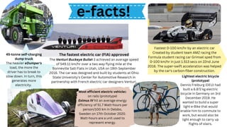 e-facts!
The fastest electric car (FIA) approved
The Venturi Buckeye Bullet 3 achieved an average speed
of 549.11 km/hr over a two way flying mile at the
Bonneville Salt Flats in Utah, USA on 19th September
2016. The car was designed and built by students at Ohio
State University's Center for Automotive Research in
partnership with French electric car designers Venturi.
Lightest electric bicycle
(prototype)
Dennis Freiburg (DEU) had
built a 6.872 kg electric
bicycle in Germany on 3rd
December 2019. He
wanted to build a super
light e-Bike that would
enable him to commute to
work, but would also be
light enough to carry up
flights of stairs.
45-tonne self-charging
dump truck
The heavier eDumper's
load, the more the
driver has to break to
slow down. In turn, this
generates more
electricity.
Most efficient electric vehicles
on rails (prototype)
Eximus IV hit an average energy
efficiency of 51.7 Watt-hours per
person/100 km in Delsbo,
Sweden on 17th October 2020.
Watt-hours are a unit used to
represent energy.
Fastest 0-100 km/hr by an electric car
Created by student team AMZ racing the
Formula student racing car Grimsel sped from
0-100 km/hr in just 1.513 secs on 22nd June
2016. The super-swift acceleration was helped
by the car's carbon-fiber construction.
 