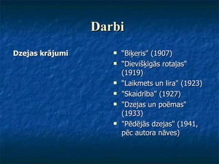 Darbi   Dzejas krājumi   “ Biķeris" (1907)  “ Dievišķīgās rotaļas" (1919)  “ Laikmets un lira" (1923)  "Skaidrība" (1927)  "Dzejas un poēmas" (1933)  "Pēdējās dzejas" (1941, pēc autora nāves)  