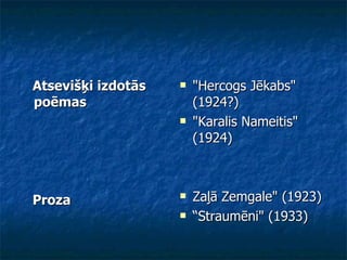 Atsevišķi izdotās poēmas  Proza   "Hercogs Jēkabs" (1924?)  "Karalis Nameitis" (1924)  Zaļā Zemgale" (1923)  “ Straumēni" (1933)  