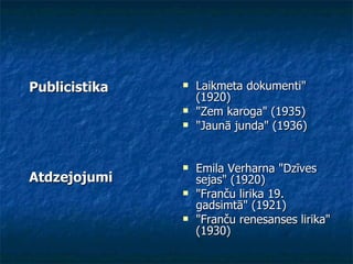 Publicistika  Atdzejojumi  Laikmeta dokumenti" (1920)  "Zem karoga" (1935)  "Jaunā junda" (1936) Emila Verharna "Dzīves sejas" (1920)  "Franču lirika 19. gadsimtā" (1921)  "Franču renesanses lirika" (1930)  