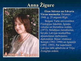 Anna Žīgure Elzas Stērstes un Edvarta Virzas mazmeita.  Dzimusi 1948. g. 25.augustā Rīgā. Beigusi Tartu universitātes Filoloģijas fakultāti, Igauņu valodas un literatūras nodaļu (1972). Strādājusi žurnālistikā, bet pēc Latvijas neatkarības atjaunošanas darbojusies diplomātijā. Bijusi vēstniece Somijā (1992–1998) un Igaunijā (1992–1993). Par nopelniem Latvijas labā apbalvota ar Triju Zvaigžņu ordeni.  