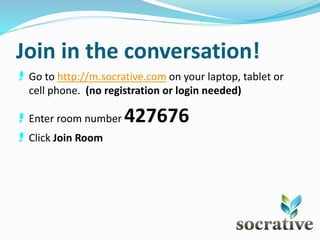 Join in the conversation!
Go to http://m.socrative.com on your laptop, tablet or
cell phone. (no registration or login needed)
Enter room number 427676
Click Join Room
 