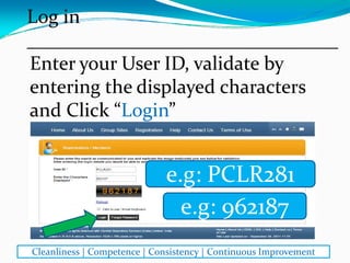 Enter your User ID, validate by 
entering the displayed characters 
and Click “Login”
e.g: PCLR281
e.g: 962187
Log in
________________________________
Cleanliness | Competence | Consistency | Continuous Improvement
 