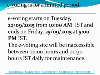 e‐voting starts on Tuesday, 
22/09/2015 from 10:00 AM  IST and 
ends on Friday, 25/09/2015 at 5:00 
PM IST. 
The e‐voting site will be inaccessible 
between 00:00 hours and 00:30 
hours IST daily for maintenance.
e‐voting is for a limited period 
________________________________
Cleanliness | Competence | Consistency | Continuous Improvement
 