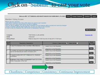 Click on “Submit” to cast your vote
________________________________
Cleanliness | Competence | Consistency | Continuous Improvement
⃝
⃝
⃝
⃝
⃝
⃝
⃝
⃝
●
 