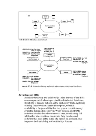 Truly distributed database architecture 1




Advantages of DDB:
  - Increased reliability and availability: These are two of the most
    common potential advantages cited for distributed databases.
    Reliability is broadly defined as the probability that a system is
    running (not down) at a certain time point, whereas
    availability is the probability that the system is continuously
    available during a time interval. When the data and DBMS
    software are distributed over several sites, one site may fail
    while other sites continue to operate. Only the data and
    software that exist at the failed site cannot be accessed. This
    improves both reliability and availability. Further


                                                                 Page 30
 