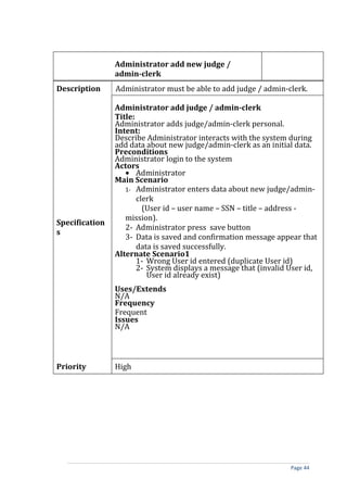 Administrator add new judge /
                admin-clerk
Description     Administrator must be able to add judge / admin-clerk.

                Administrator add judge / admin-clerk
                Title:
                Administrator adds judge/admin-clerk personal.
                Intent:
                Describe Administrator interacts with the system during
                add data about new judge/admin-clerk as an initial data.
                Preconditions
                Administrator login to the system
                Actors
                   • Administrator
                Main Scenario
                   1- Administrator enters data about new judge/admin-
                       clerk
                         (User id – user name – SSN – title – address -
                   mission).
Specification
                   2- Administrator press save button
s
                   3- Data is saved and confirmation message appear that
                       data is saved successfully.
                Alternate Scenario1
                       1- Wrong User id entered (duplicate User id)
                       2- System displays a message that (invalid User id,
                          User id already exist)
                Uses/Extends
                N/A
                Frequency
                Frequent
                Issues
                N/A



Priority        High




                                                                  Page 44
 