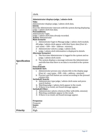 clerk.

                Administrator displays judge / admin-clerk
                Title:
                Administrator displays judge / admin-clerk data.
                Intent:
                Describe Administrator interacts with the system during displaying
                judge / admin-clerk tion data.
                Preconditions
                Administrator login.
                Judge / admin-clerk data already recorded.
                Actors: Administrator
                Main Scenario
                    1- Administrator login to Manage judge / admin-clerk module.
                    All judge / admin-clerk appear with their basic data (User id –
                    user name – SSN – title – address - mission).
                    2- Administrator selects a judge / admin-clerk.
                    3- judge / admin-clerk information is displayed in details.
                Alternate Scenario1
                    1- The first time Administrator is logged to the system and no
                        judge / admin-clerk exists
Specification       2- The system displays a message welcome the Administrator
                        and tells him that there is no data is recorded in the system
s                       yet.
                Uses/Extends
                Included1 Sort:
                    1- Administrator presses any column title in the display page
                        (User id – user name – SSN – title – address - mission).
                    2- Precinct and Poll Station are sorted according to the pressed
                        column title.
                Included2 Search:
                    1- Administrator type judge / admin-clerk name and press
                         search button
                    2- Matching judge / admin-clerk appear in the result.
                    3- If there is no result, not found message appear.
                Included3 Filter:
                    1- Administrator selects criteria to filter with (title, mission)
                    2- Matching candidates appear in the result.
                    3- If there is no result, not found message appear.


                Frequency
                Frequent
                Issues
                N/A
Priority        High




                                                                           Page 47
 
