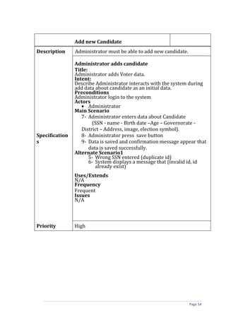 Add new Candidate
Description     Administrator must be able to add new candidate.

                Administrator adds candidate
                Title:
                Administrator adds Voter data.
                Intent:
                Describe Administrator interacts with the system during
                add data about candidate as an initial data.
                Preconditions
                Administrator login to the system
                Actors
                   • Administrator
                Main Scenario
                   7- Administrator enters data about Candidate
                        (SSN - name - Birth date –Age – Governorate -
                   District – Address, image, election symbol).
Specification      8- Administrator press save button
s                  9- Data is saved and confirmation message appear that
                       data is saved successfully.
                Alternate Scenario1
                       5- Wrong SSN entered (duplicate id)
                       6- System displays a message that (invalid id, id
                          already exist)
                Uses/Extends
                N/A
                Frequency
                Frequent
                Issues
                N/A



Priority        High




                                                                   Page 54
 