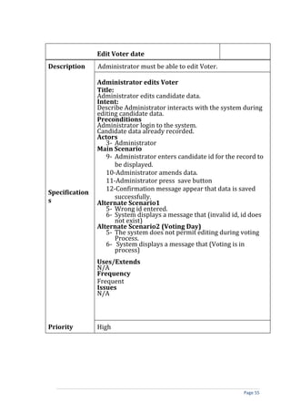 Edit Voter date
Description     Administrator must be able to edit Voter.

                Administrator edits Voter
                Title:
                Administrator edits candidate data.
                Intent:
                Describe Administrator interacts with the system during
                editing candidate data.
                Preconditions
                Administrator login to the system.
                Candidate data already recorded.
                Actors
                   3- Administrator
                Main Scenario
                   9- Administrator enters candidate id for the record to
                       be displayed.
                   10-Administrator amends data.
                   11-Administrator press save button
                   12-Confirmation message appear that data is saved
Specification
                       successfully.
s               Alternate Scenario1
                   5- Wrong id entered.
                   6- System displays a message that (invalid id, id does
                       not exist)
                Alternate Scenario2 (Voting Day)
                   5- The system does not permit editing during voting
                       Process.
                   6- System displays a message that (Voting is in
                       process)
                Uses/Extends
                N/A
                Frequency
                Frequent
                Issues
                N/A



Priority        High




                                                                  Page 55
 