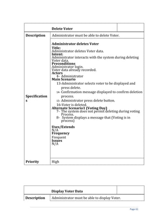 Delete Voter
Description     Administrator must be able to delete Voter.

                Administrator deletes Voter
                Title:
                Administrator deletes Voter data.
                Intent:
                Administrator interacts with the system during deleting
                Voter data.
                Preconditions
                Administrator login.
                Voter data already recorded.
                Actors
                   4- Administrator
                Main Scenario
                   13-Administrator selects voter to be displayed and
                       press delete.
                   14- Confirmation message displayed to confirm deletion
Specification          process.
s                  15- Administrator press delete button.
                   16-Voter is deleted.
                Alternate Scenario1 (Voting Day)
                   7- The system does not permit deleting during voting
                       Process.
                   8- System displays a message that (Voting is in
                       process)
                Uses/Extends
                N/A
                Frequency
                Frequent
                Issues
                N/A



Priority        High




                Display Voter Data
Description     Administrator must be able to display Voter.

                                                                 Page 61
 