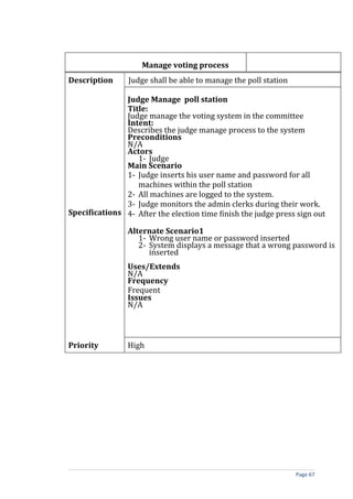 Manage voting process
Description      Judge shall be able to manage the poll station

               Judge Manage poll station
               Title:
               Judge manage the voting system in the committee
               Intent:
               Describes the judge manage process to the system
               Preconditions
               N/A
               Actors
                  1- Judge
               Main Scenario
               1- Judge inserts his user name and password for all
                  machines within the poll station
               2- All machines are logged to the system.
               3- Judge monitors the admin clerks during their work.
Specifications 4- After the election time finish the judge press sign out

                Alternate Scenario1
                   1- Wrong user name or password inserted
                   2- System displays a message that a wrong password is
                      inserted
                Uses/Extends
                N/A
                Frequency
                Frequent
                Issues
                N/A



Priority        High




                                                                  Page 67
 