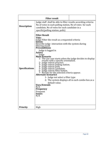 Filter result
                Judge staff shall be able to filter results according criteria:
                No of votes in each polling station, No of votes for each
Description
                candidate, No of votes for each candidate in a
                specific(polling station, polls)

               Filter Result
               Title:
               Judge Filter the result as a requested criteria
               Intent:
               Describe judge interaction with the system during
               filtering result
               Preconditions
                   Judge is logged in
               Actors
                   Judge
               Main Scenario
                   1- The use case starts when the judge decides to display
                      results with a specific orientation.
                   2- Judge selects precinct.
                   3- Judge selects polling station.
                   4- Judge selects polls
Specifications     5- Judge selects candidate.
                   6- Judge selects filter button.
                   7- Results for the selected criteria appear.
               Alternate Scenario1
                          1- Judge not select a filter type
                          2- The system displays all in each combo box as a
                             default value.
               Uses/Extends
               N/A
               Frequency
               Frequent
               Issues
               N/A



Priority        High




                                                                   Page 69
 