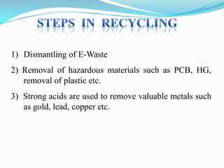 1) Dismantling of E-Waste
2) Removal of hazardous materials such as PCB, HG,
removal of plastic etc.
3) Strong acids are used to remove valuable metals such
as gold, lead, copper etc.

 
