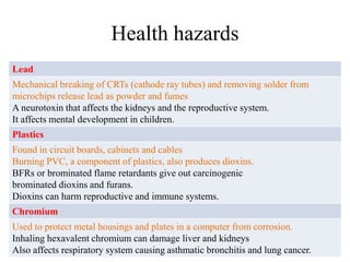Health hazards
Lead
Mechanical breaking of CRTs (cathode ray tubes) and removing solder from
microchips release lead as powder and fumes
A neurotoxin that affects the kidneys and the reproductive system.
It affects mental development in children.
Plastics
Found in circuit boards, cabinets and cables
Burning PVC, a component of plastics, also produces dioxins.
BFRs or brominated flame retardants give out carcinogenic
brominated dioxins and furans.
Dioxins can harm reproductive and immune systems.
Chromium
Used to protect metal housings and plates in a computer from corrosion.
Inhaling hexavalent chromium can damage liver and kidneys
Also affects respiratory system causing asthmatic bronchitis and lung cancer.
 