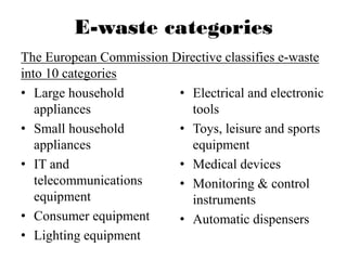 The European Commission Directive classifies e-waste
into 10 categories
• Large household
appliances
• Small household
appliances
• IT and
telecommunications
equipment
• Consumer equipment
• Lighting equipment
• Electrical and electronic
tools
• Toys, leisure and sports
equipment
• Medical devices
• Monitoring & control
instruments
• Automatic dispensers
 