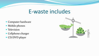 E-waste includes
 Computer hardware
 Mobile phones
 Television
 Cellphone charger
 CD/DVD player
 