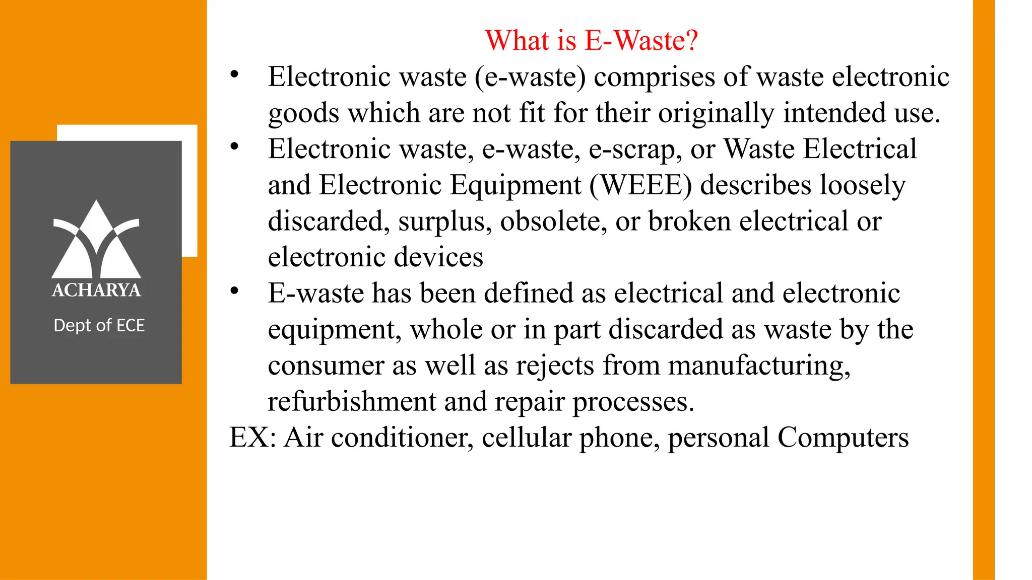 Dept of ECE
What is E-Waste?
• Electronic waste (e-waste) comprises of waste electronic
goods which are not fit for their originally intended use.
• Electronic waste, e-waste, e-scrap, or Waste Electrical
and Electronic Equipment (WEEE) describes loosely
discarded, surplus, obsolete, or broken electrical or
electronic devices
• E-waste has been defined as electrical and electronic
equipment, whole or in part discarded as waste by the
consumer as well as rejects from manufacturing,
refurbishment and repair processes.
EX: Air conditioner, cellular phone, personal Computers
 