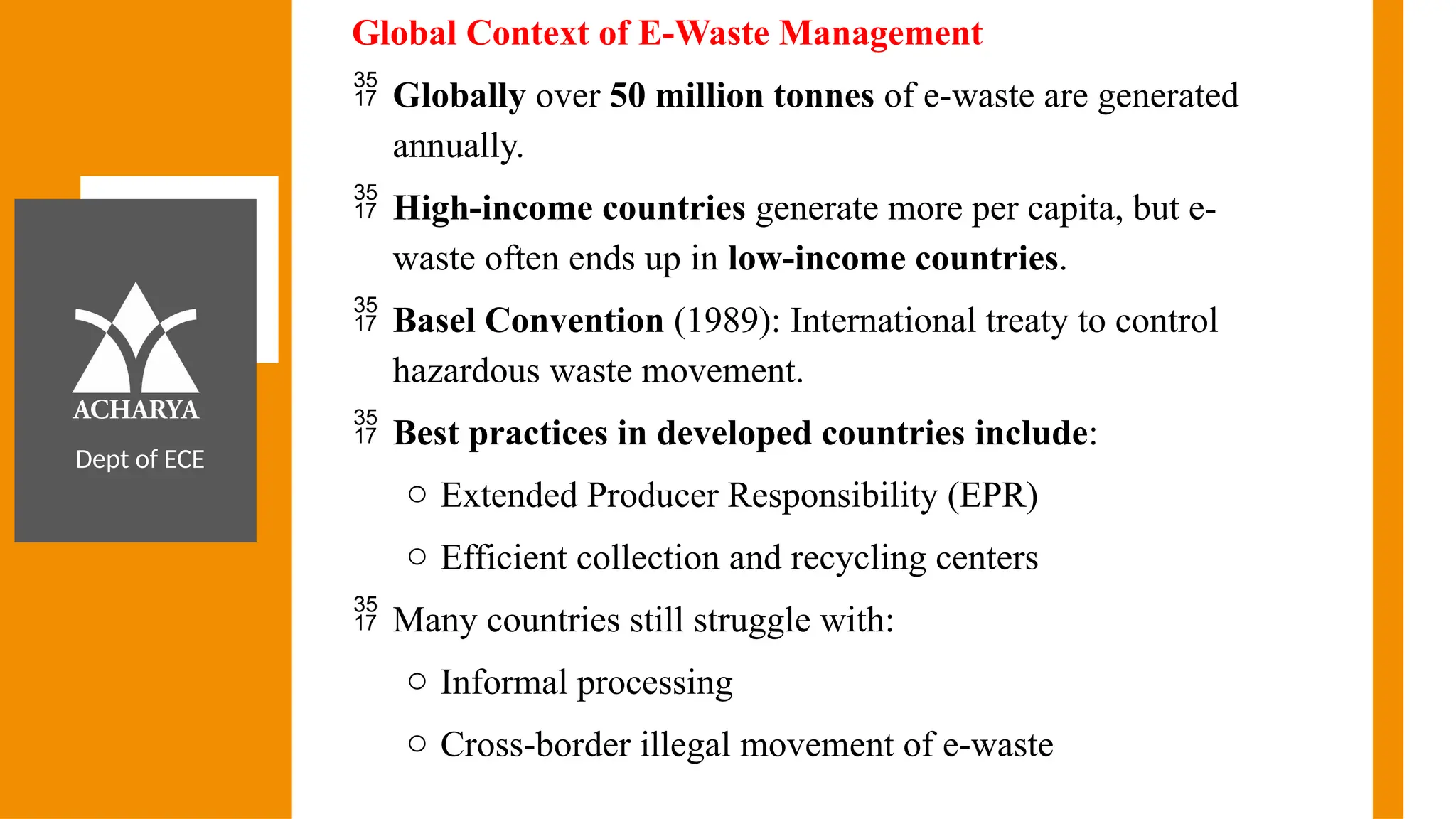 Dept of ECE
Global Context of E-Waste Management
 Globally over 50 million tonnes of e-waste are generated
annually.
 High-income countries generate more per capita, but e-
waste often ends up in low-income countries.
 Basel Convention (1989): International treaty to control
hazardous waste movement.
 Best practices in developed countries include:
o Extended Producer Responsibility (EPR)
o Efficient collection and recycling centers
 Many countries still struggle with:
o Informal processing
o Cross-border illegal movement of e-waste
 