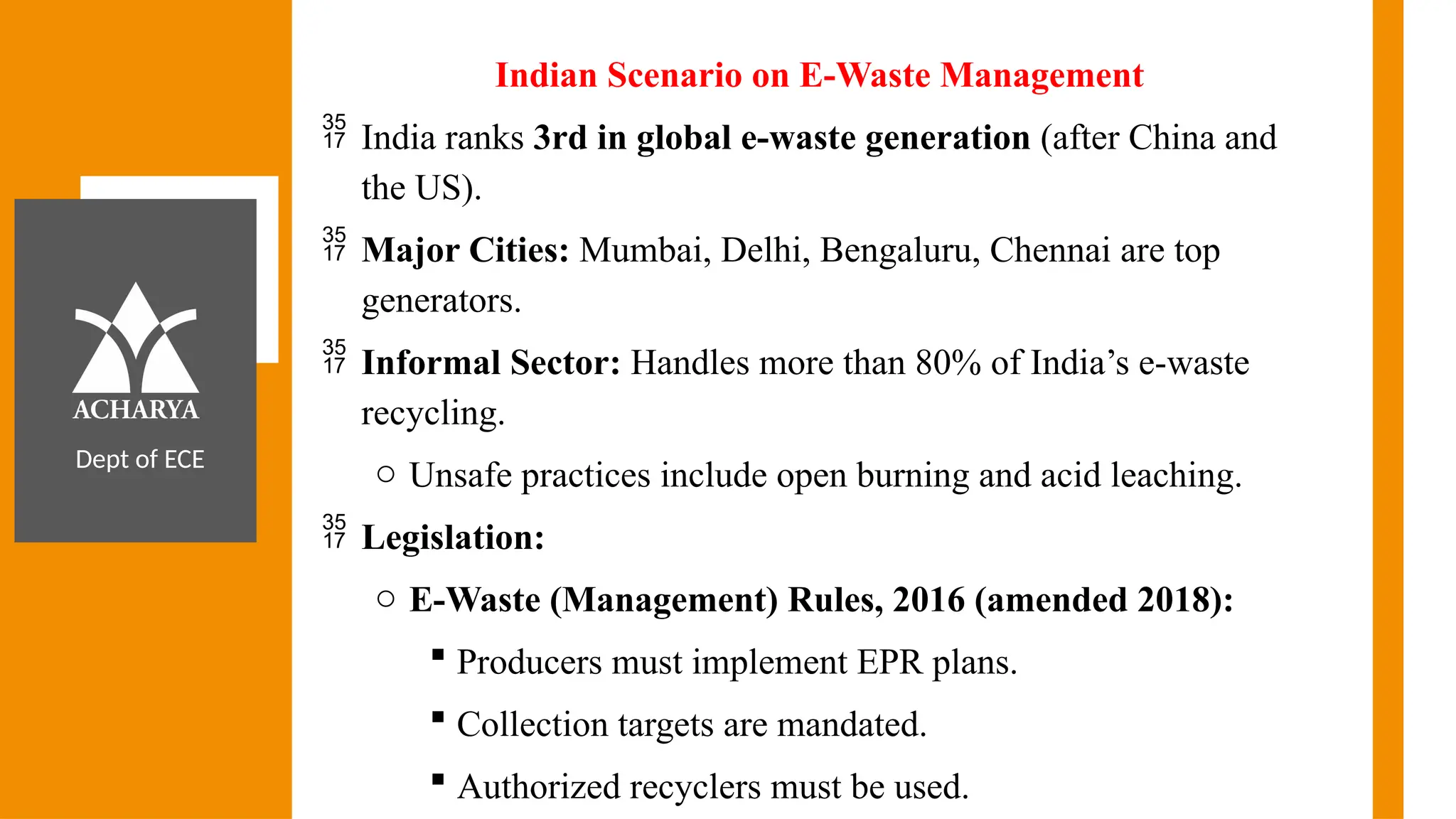 Dept of ECE
Indian Scenario on E-Waste Management
 India ranks 3rd in global e-waste generation (after China and
the US).
 Major Cities: Mumbai, Delhi, Bengaluru, Chennai are top
generators.
 Informal Sector: Handles more than 80% of India’s e-waste
recycling.
o Unsafe practices include open burning and acid leaching.
 Legislation:
o E-Waste (Management) Rules, 2016 (amended 2018):
 Producers must implement EPR plans.
 Collection targets are mandated.
 Authorized recyclers must be used.
 