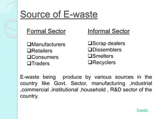 Source of E-waste
Contd..
Formal Sector
Manufacturers
Retailers
Consumers
Traders
Informal Sector
Scrap dealers
Dissemblers
Smelters
Recyclers
E-waste being produce by various sources in the
country like Govt. Sector, manufacturing ,industrial
,commercial ,institutional ,household , R&D sector of the
country.
 