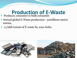 Production of E-Waste Producer, consumer or bulk consumer.
 Annual global E-Waste production - 50millions metric
tonnes.
 1.5 lakh tonnes of E-waste by 2020-India.
 