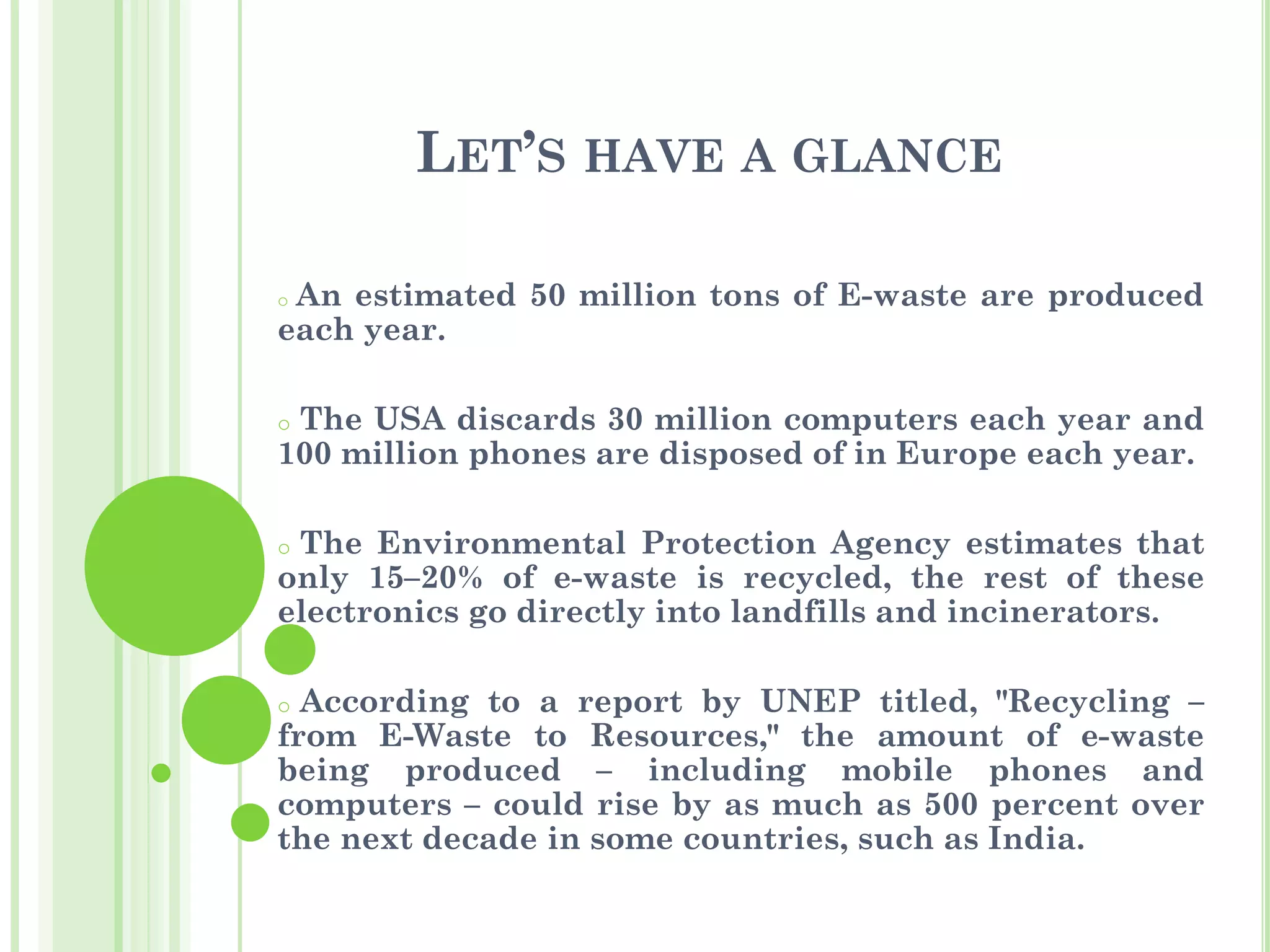 LET’S HAVE A GLANCE
o An estimated 50 million tons of E-waste are produced
each year.
o The USA discards 30 million computers each year and
100 million phones are disposed of in Europe each year.
o The Environmental Protection Agency estimates that
only 15–20% of e-waste is recycled, the rest of these
electronics go directly into landfills and incinerators.
o According to a report by UNEP titled, "Recycling –
from E-Waste to Resources," the amount of e-waste
being produced – including mobile phones and
computers – could rise by as much as 500 percent over
the next decade in some countries, such as India.
 
