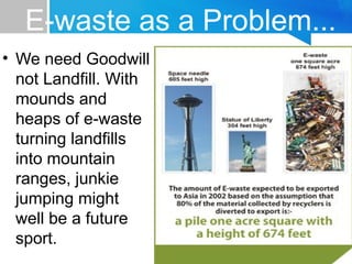 E-waste as a Problem...
• We need Goodwill
not Landfill. With
mounds and
heaps of e-waste
turning landfills
into mountain
ranges, junkie
jumping might
well be a future
sport.
 