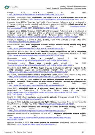 E-Waste Curriculum Development Project
                                                 Phase 1: Research & Content Development – Literature Review


   Europa          2006,        REACH,           viewed          31                  July            2006,
   <http://ec.europa.eu/environment/chemicals/reach/reach_intro.htm>.
   European Commission 2006, Environment fact sheet: REACH – a new chemicals policy for the
   EU, viewed 31 July 2006, <http://ec.europa.eu/environment/chemicals/reach/fact_sheet.pdf>.
   European Union 2003a, ‘Directive 2002/96/EC of the European Parliament and of the Council of
   27 January 2003 on waste electrical and electronic equipment (WEEE)’, Official Journal of the
   European         Union,       viewed     1        May       2006,       <europa.eu.int/eur-
   lex/pri/en/oj/dat/2003/l_037/l_03720030213en00240038.pdf>.
   European Union 2003b, ‘Directive 2002/95/EC of the European Parliament and of the Council of
   27 January 2003 on the restriction of the use of certain hazardous substances in electrical and
   electronic equipment’, Official Journal of the European Union, viewed 1 May 2006, <
   http://europa.eu.int/eur-lex/pri/en/oj/dat/2003/l_037/l_03720030213en00190023.pdf>.
   Gaulon, B, Rozema, L & Klomp, K 2005, E-waste, Frank Mohr Institute, viewed 1 May 2006,
   <www.mohr-i.nl/mawiki/E_2dwaste_99>.
   Global Sources 2005, RoHS compliance readiness survey: mainland China, Taiwan, Hong Kong
   and            South           Korea,       viewed         15          May         2006,
   <http://static.globalsources.com/SITE/PDF/ROHS.PDF?source=ROHS>.
   Government Accountability Office 2005, Electronic waste: strengthening the role of the Federal
   Government in encouraging recycling and reuse, United States Government, viewed July 9 2006,
   <http://www.federalsustainability.org/initiatives/eps/GAO-06-47.pdf>.
   Greenpeace    n.d.a,     What      is     e-waste?,       viewed      1                  May      2006,
   <www.greenpeace.org/usa/campaigns/toxics/hi-tech-highly-toxic/e-waste>.
   Greenpeace   n.d.b,   Where     does     e-waste     go?,     viewed    1    May                  2006,
   <www.greenpeace.org/usa/campaigns/toxics/hi-tech-highly-toxic/e-waste-goes>.
   Hewlett Packard 2004, An HP White Paper prepared in September 2004 in response to the
   AGIMO discussion paper on environmentally friendly ICT, viewed 6 May 2006,
   <http://www.agimo.gov.au/government/enviro_friendly_ict/responses/hp>.
   Ho, J 2005, Two environmental Rules to be upheld in Taiwan, Taipei Times, Viewed 9 May 2006,
   <http://www.taipeitimes.com/News/biz/archives/2005/03/26/2003247879>.
   Hunter, R & Lopez, M 1999, Position of the American Electronics Association (AEA) on the
   European Commission's draft directive on Waste from Electrical and Electronic Equipment WEEE),
   Silicon     Valley       Toxic        Coalition,      viewed         12        May       2006,
   <http://www.svtc.org/cleancc/weee/euweee/directive/weeeaea.htm>.
   Ipsos 2005, Household Electrical & Electronic Waste Survey 2005: Report of Findings,
   Department   of   Environment       &    Conservation   (NSW),   viewed   10    July 2006,
   <http://www.ecorecycle.sustainability.vic.gov.au/resources/documents/051111_Ipsos-
   DEC_Final_Report_-_Public.pdf>.
   Knight, D 2000, Sony monitoring environmental activists, Interpress, viewed 8 May 2006,
   <http://www.svtc.org/cleancc/sonyspy.htm>.
   Konrad, R 2005, Activists push recycling to fight E-Waste, Associated Press in Environmental
   News Network, viewed 13 May 2006, <http://www.enn.com/today.html?id=7578>.
   Li, Z 2006, EU "Green" Directives cast challenge to China's electronics industry, Worldwatch
   Institute,             viewed                  15                  May                 2006,
   <http://www.worldwatch.org/features/chinawatch/stories/20060222-1>.
   Meinhardt Infrastructure & Environment Pty Ltd 2001, Computer & peripherals material project,
   viewed                          10                        May                          2006,
   <http://www.deh.gov.au/settlements/publications/waste/electricals/computer-
   report/index.html>.
   O’Meara Sheehan, M 2003, The hidden costs of the e-economy, Worldwatch Institute, viewed 15
   May 2006, <http://www.worldwatch.org/live/discussion/81>.



Prepared by The Natural Edge Project                                                                 33
 
