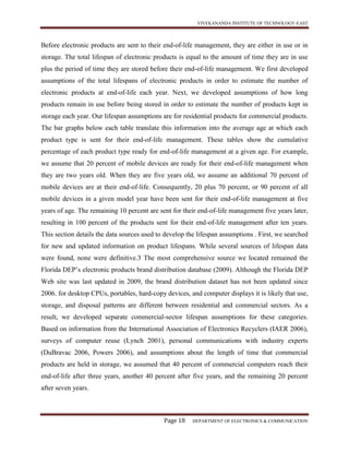 VIVEKANANDA INSTITUTE OF TECHNOLOGY-EAST
Page 18 DEPARTMENT OF ELECTRONICS & COMMUNICATION
Before electronic products are sent to their end-of-life management, they are either in use or in
storage. The total lifespan of electronic products is equal to the amount of time they are in use
plus the period of time they are stored before their end-of-life management. We first developed
assumptions of the total lifespans of electronic products in order to estimate the number of
electronic products at end-of-life each year. Next, we developed assumptions of how long
products remain in use before being stored in order to estimate the number of products kept in
storage each year. Our lifespan assumptions are for residential products for commercial products.
The bar graphs below each table translate this information into the average age at which each
product type is sent for their end-of-life management. These tables show the cumulative
percentage of each product type ready for end-of-life management at a given age. For example,
we assume that 20 percent of mobile devices are ready for their end-of-life management when
they are two years old. When they are five years old, we assume an additional 70 percent of
mobile devices are at their end-of-life. Consequently, 20 plus 70 percent, or 90 percent of all
mobile devices in a given model year have been sent for their end-of-life management at five
years of age. The remaining 10 percent are sent for their end-of-life management five years later,
resulting in 100 percent of the products sent for their end-of-life management after ten years.
This section details the data sources used to develop the lifespan assumptions . First, we searched
for new and updated information on product lifespans. While several sources of lifespan data
were found, none were definitive.3 The most comprehensive source we located remained the
Florida DEP’s electronic products brand distribution database (2009). Although the Florida DEP
Web site was last updated in 2009, the brand distribution dataset has not been updated since
2006. for desktop CPUs, portables, hard-copy devices, and computer displays it is likely that use,
storage, and disposal patterns are different between residential and commercial sectors. As a
result, we developed separate commercial-sector lifespan assumptions for these categories.
Based on information from the International Association of Electronics Recyclers (IAER 2006),
surveys of computer reuse (Lynch 2001), personal communications with industry experts
(DuBravac 2006, Powers 2006), and assumptions about the length of time that commercial
products are held in storage, we assumed that 40 percent of commercial computers reach their
end-of-life after three years, another 40 percent after five years, and the remaining 20 percent
after seven years.
 