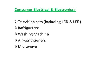 Consumer Electrical & Electronics:-

Television sets (including LCD & LED)
Refrigerator
Washing Machine
Air-conditioners
Microwave
 