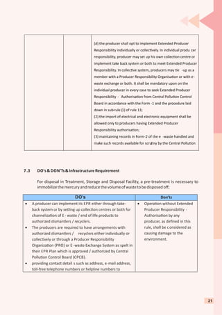 7.3 DO's& DON'Ts&InfrastructureRequirement
For disposal in Treatment, Storage and Disposal Facility, a pre-treatment is necessary to
immobilizethemercuryandreducethevolumeofwastetobedisposedoﬀ;
DO’s Don’ts
· A producer can implement its EPR either through take-
back system or by se ng up collec on centres or both for
channeliza on of E- waste / end of life products to
authorized dismantlers / recyclers.
· The producers are required to have arrangements with
authorized dismantlers / recyclers either individually or
collec vely or through a Producer Responsibility
Organiza on (PRO) or E -waste Exchange System as spelt in
their EPR Plan which is approved / authorized by Central
Pollu on Control Board (CPCB).
· providing contact detail s such as address, e-mail address,
toll-free telephone numbers or helpline numbers to
· Opera on without Extended
Producer Responsibility -
Authorisa on by any
producer, as deﬁned in this
rule, shall be considered as
causing damage to the
environment.
21
(d) the producer shall opt to implement Extended Producer
Responsibility individually or collec vely. In individual produ cer
responsibility, producer may set up his own collec on centre or
implement take back system or both to meet Extended Producer
Responsibility. In collec ve system, producers may e -up as a
member with a Producer Responsibility Organisa on or with e-
waste exchange or both. It shall be mandatory upon on the
individual producer in every case to seek Extended Producer
Responsibility - Authorisa on from Central Pollu on Control
Board in accordance with the Form -1 and the procedure laid
down in sub-rule (1) of rule 13;
(2) the import of electrical and electronic equipment shall be
allowed only to producers having Extended Producer
Responsibility authorisa on;
(3) maintaining records in Form-2 of the e -waste handled and
make such records available for scru ny by the Central Pollu on
 